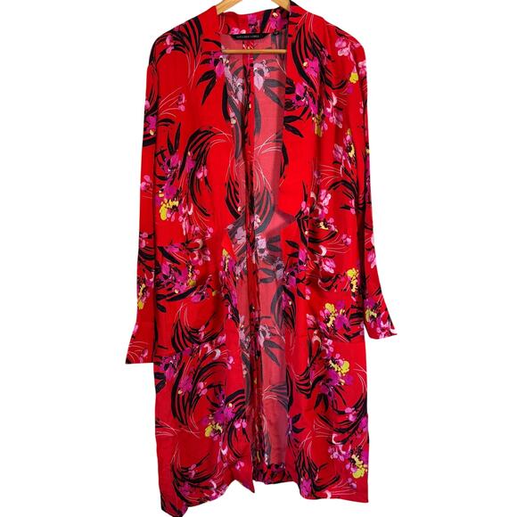 Colleen Lopez Red Floral Kimono Duster Sz M Pockets Long Sleeves Boho Resort - Picture 1 of 9